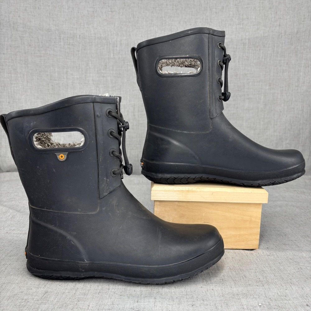 Bogs Amanda Plush II Black Rubber Waterproof Lined Rain Boots Pull On Big Kids 7 - Picture 2 of 11